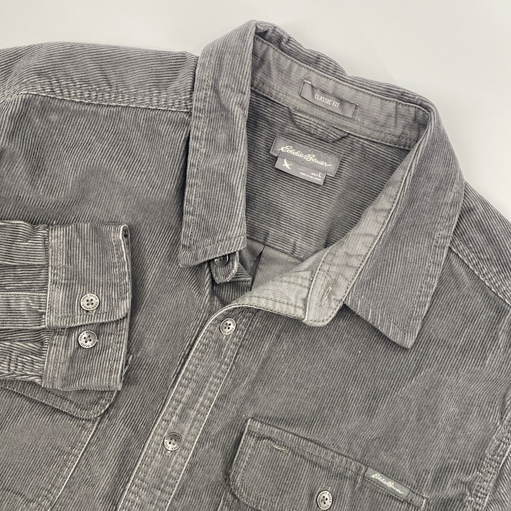 Eddie Bauer Overshirt Mens Large Gray Corduroy Shacket Elbow Patch Outdoors Work